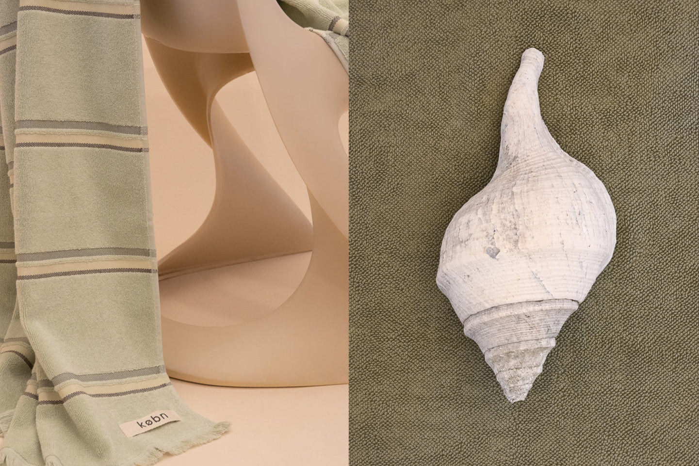 Kobn Matcha towel draped over a vintage Casella chair against an Olive bathmat with large conch shell on top.