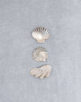 Three shells on a pale mist blue chunky cotton weave bathmat by Kobn