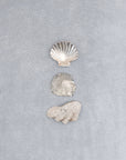 Three shells on a pale mist blue chunky cotton weave bathmat by Kobn