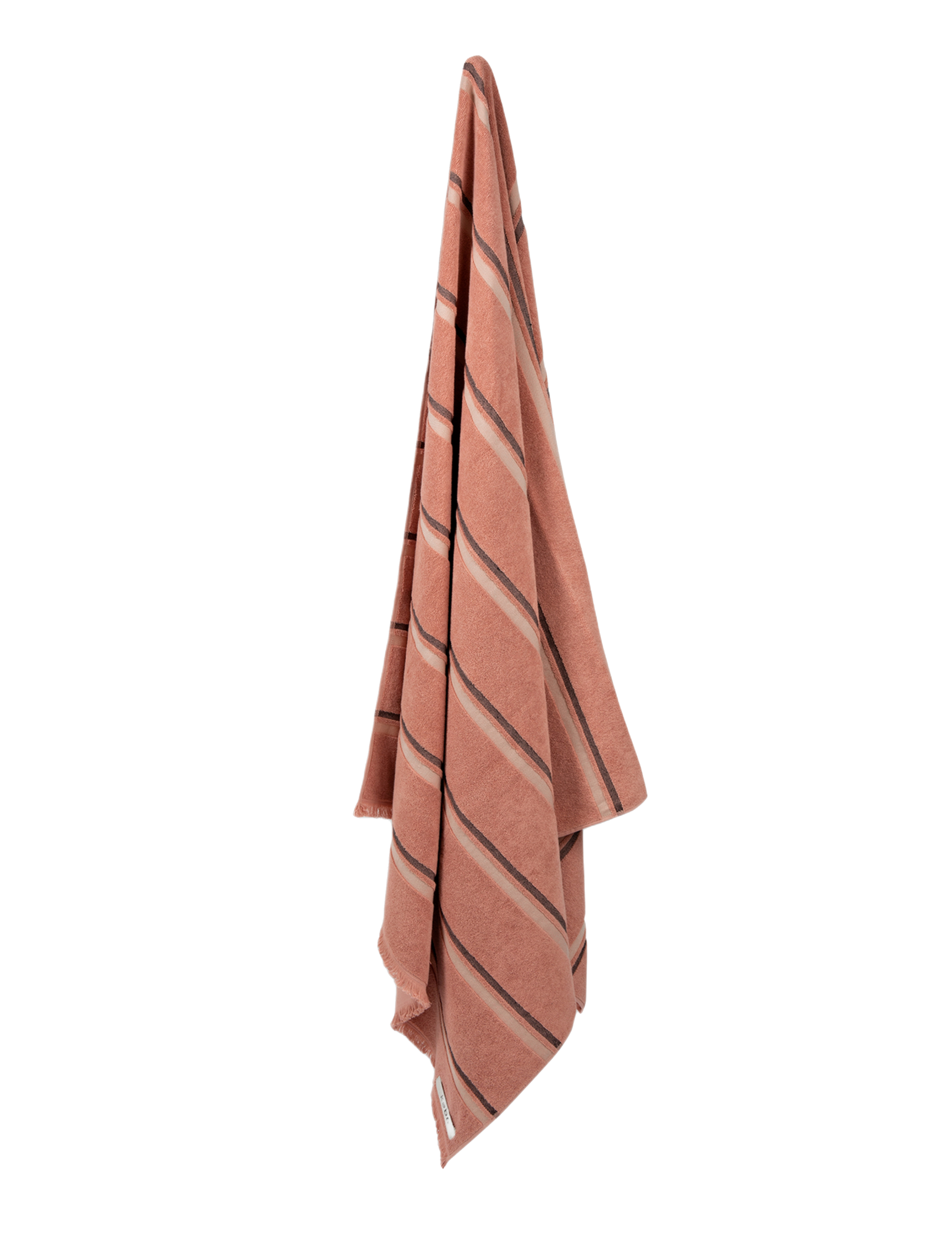 Striped towel with a terracotta base and black and cream stripe on a white background