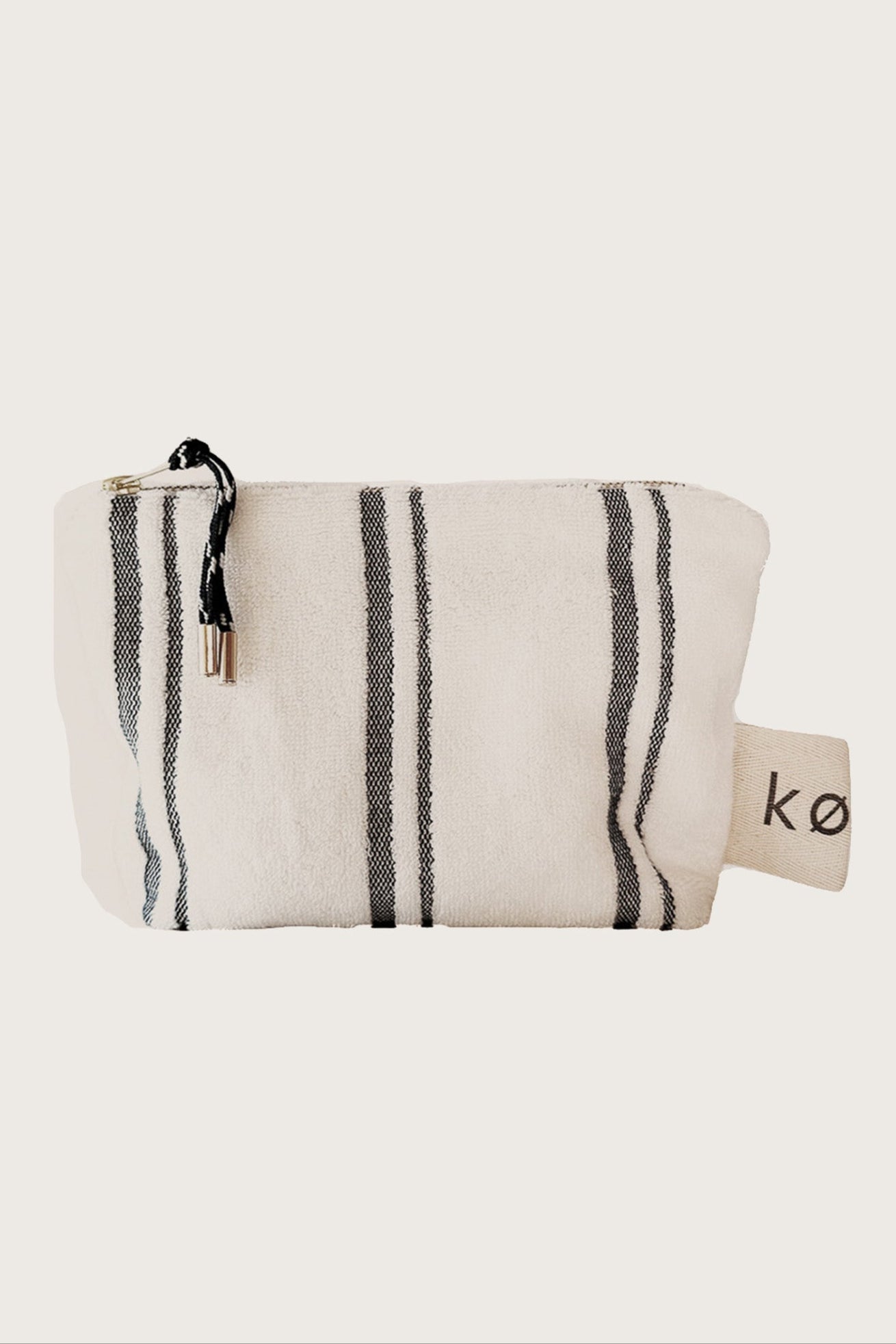 Kobn towelling Crema pouch with black stripes for everyday use. Premium cotton fabric and made in Melbourne. 