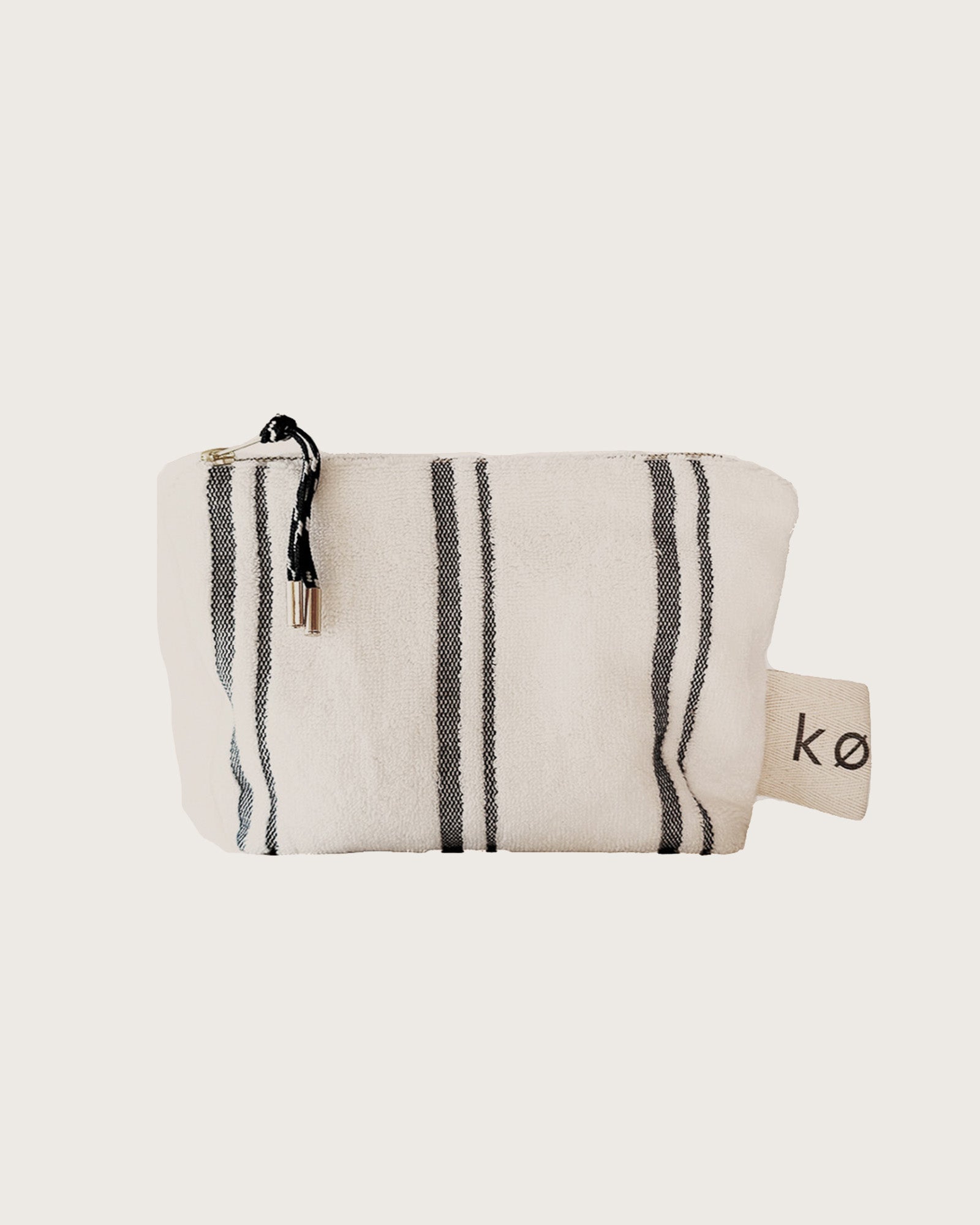 Kobn towelling Crema pouch with black stripes for everyday use. Premium cotton fabric and made in Melbourne. 