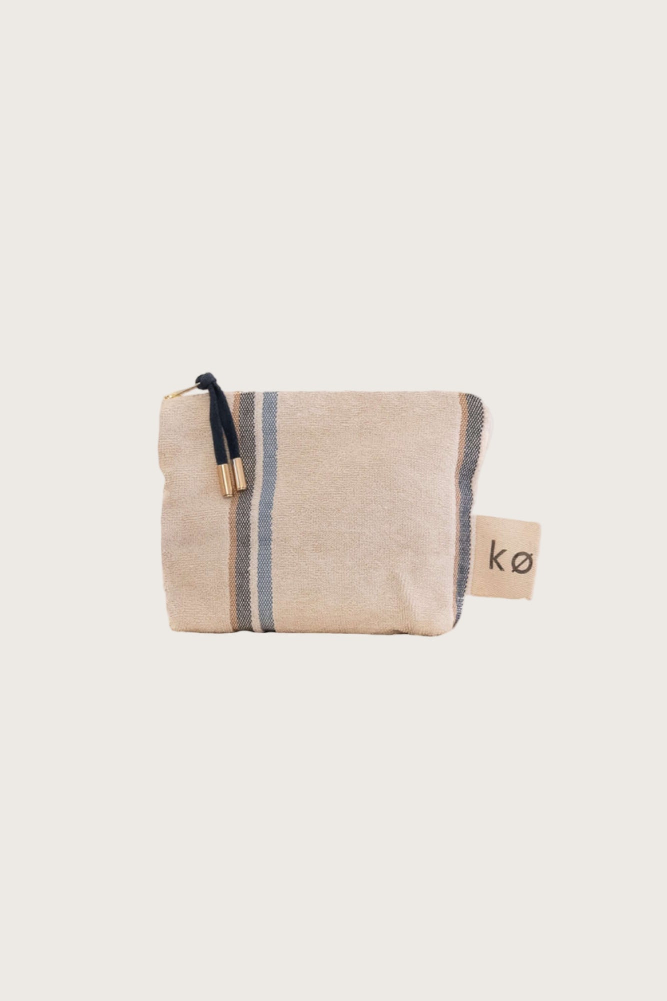 Kobn Ecru small towelling pouch with blue stripes  and gold zip and feature zip pull. 