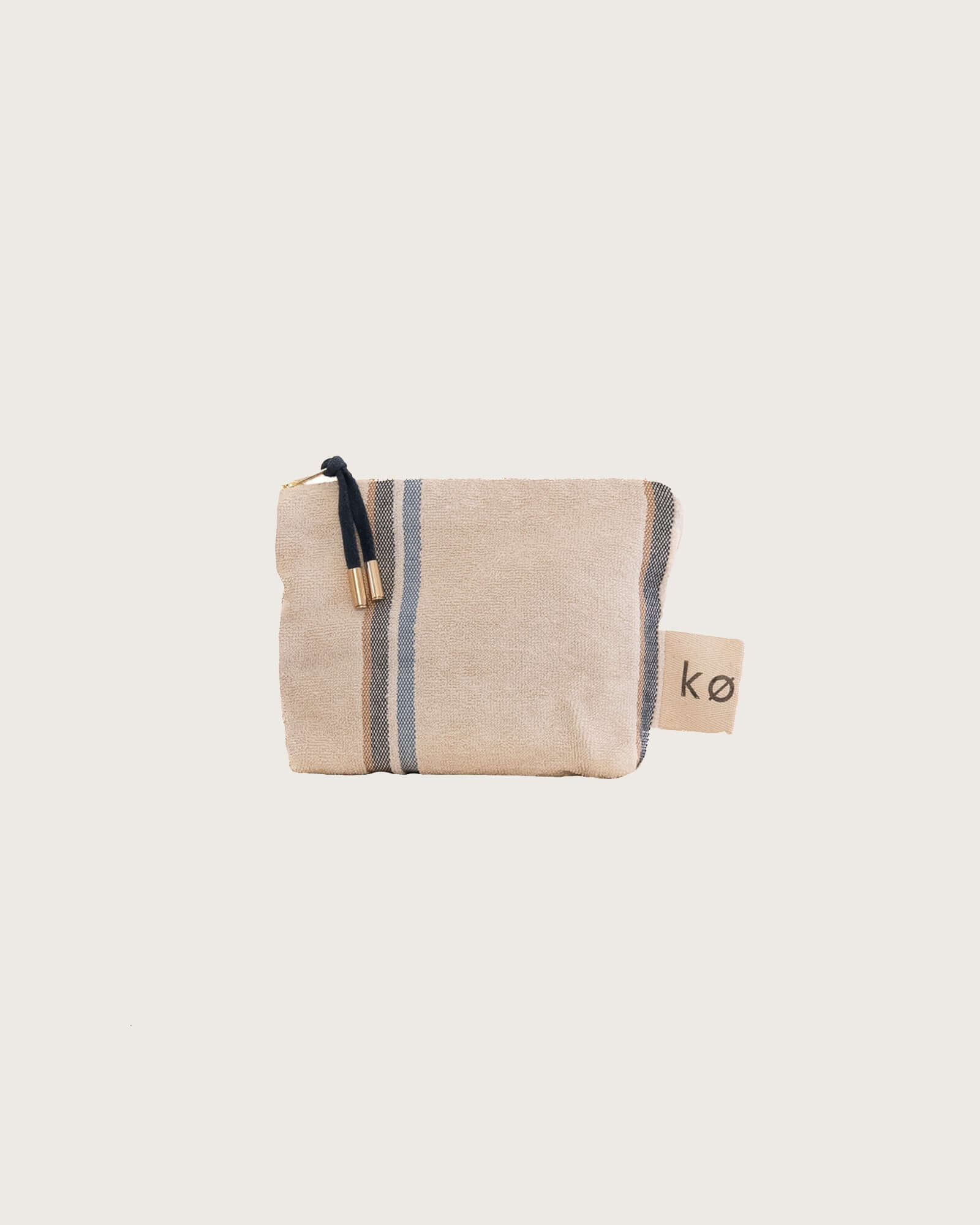 Kobn Ecru small towelling pouch with blue stripes  and gold zip and feature zip pull. 