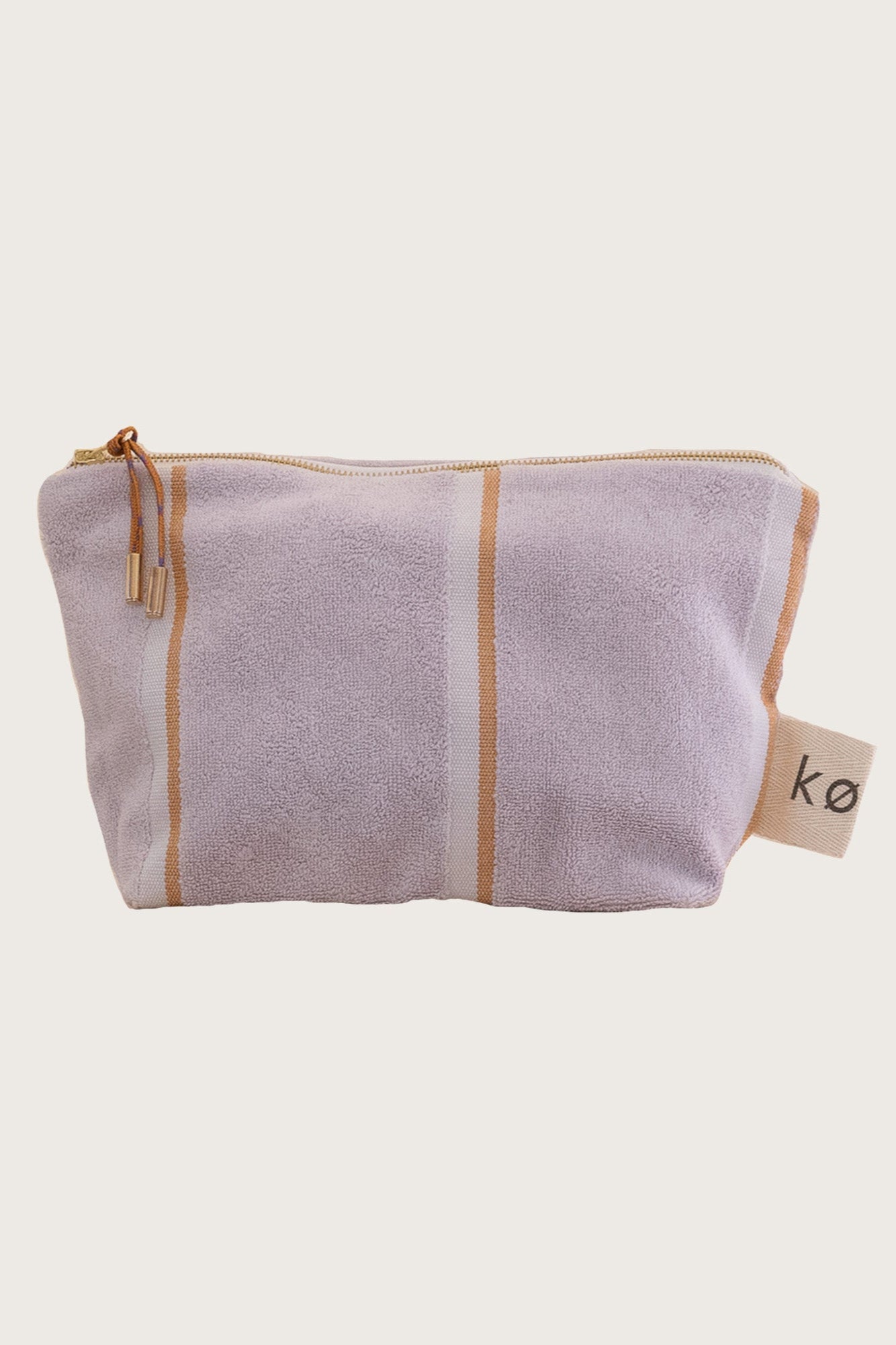 Kobn Lilac towelling pouch with stripes to use as a clutch, organise your everyday items and perfect for gifting. 