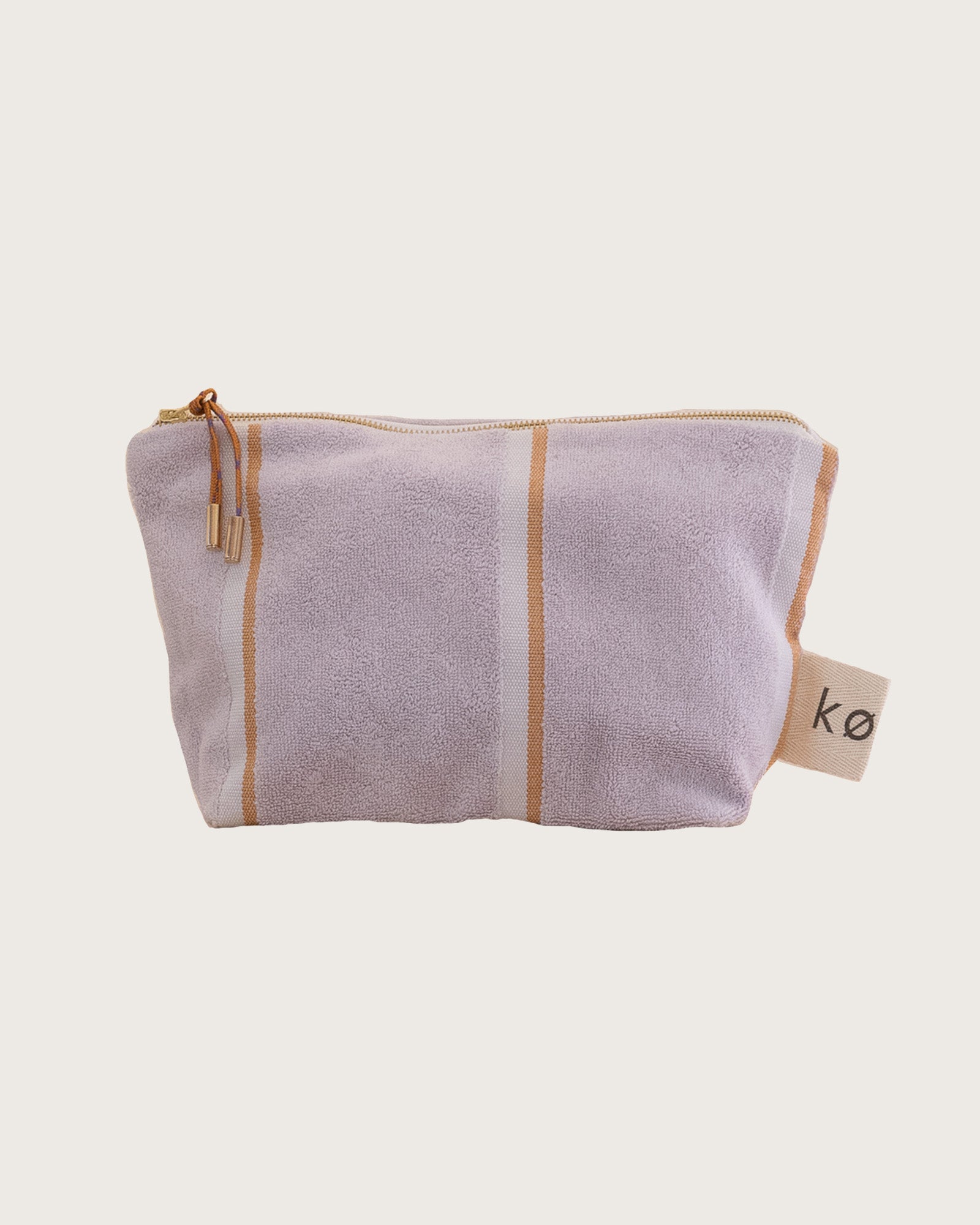 Kobn Lilac towelling pouch with stripes to use as a clutch, organise your everyday items and perfect for gifting. 