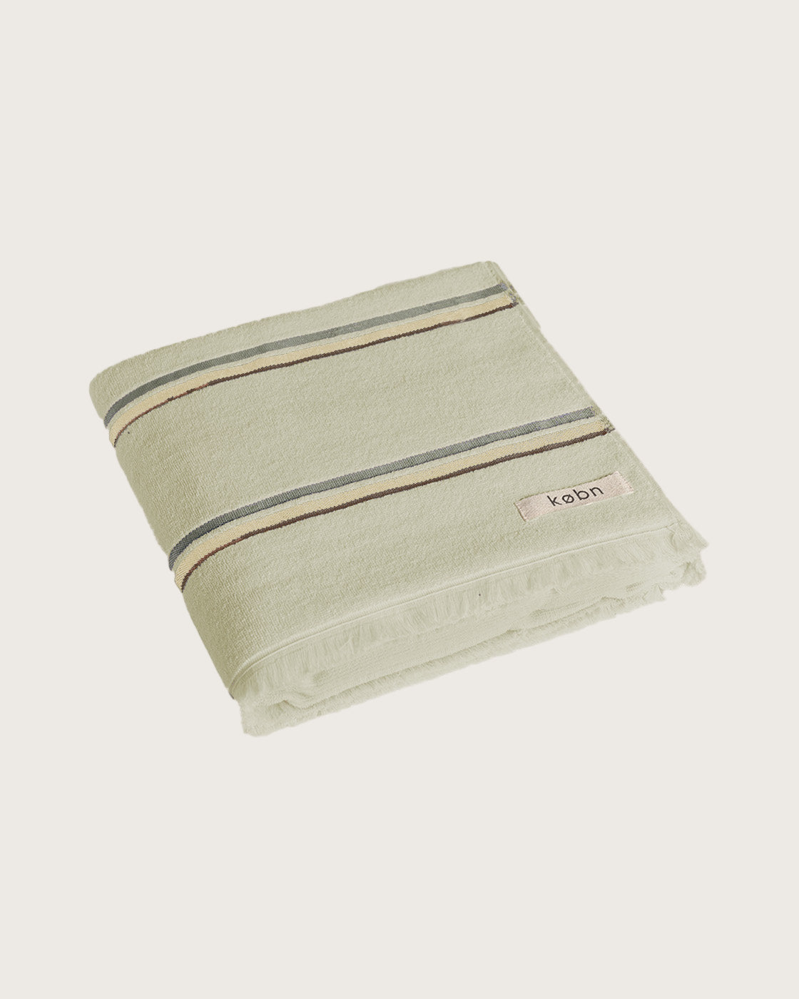 Light Green towel with multi coloured stripe folded on a white background