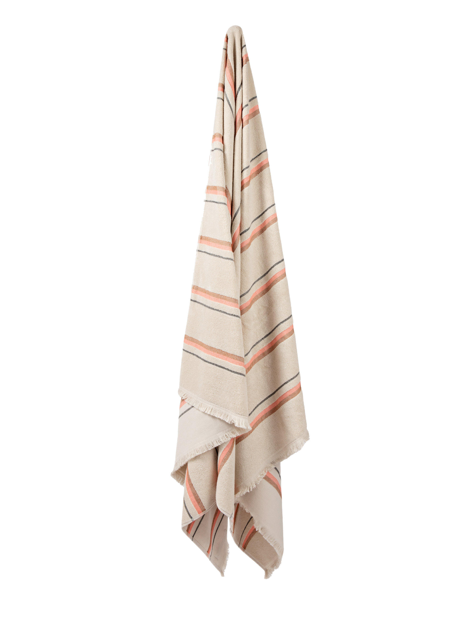 Beige towel with pink stripes on a white background