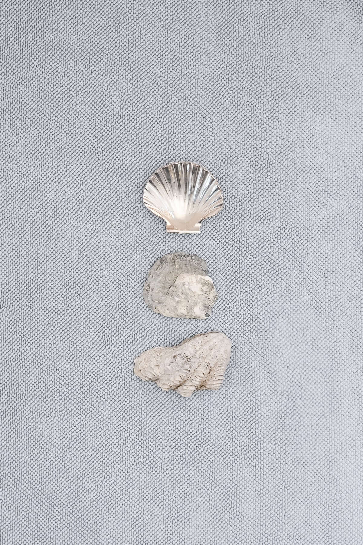 Three shells on a pale mist blue chunky cotton weave bathmat by Kobn