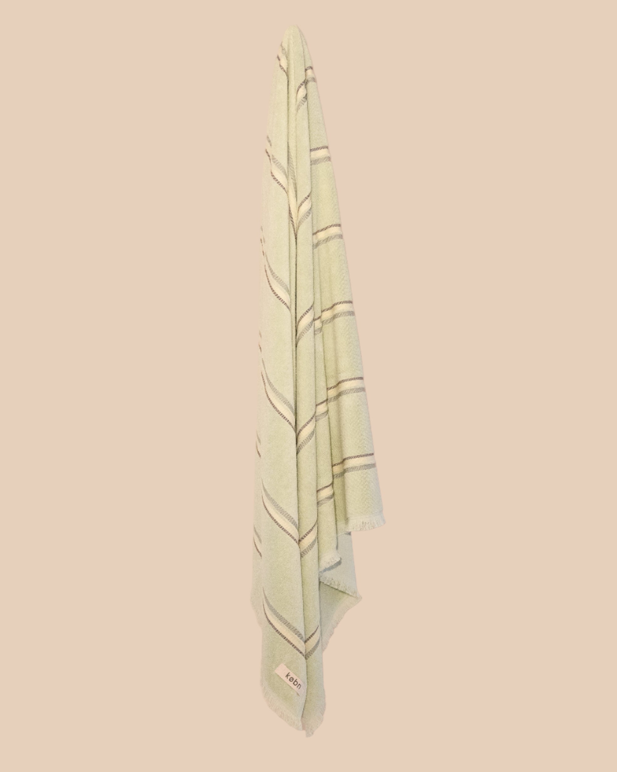 Light green towel with stripes hanging on a neutral background wall. 