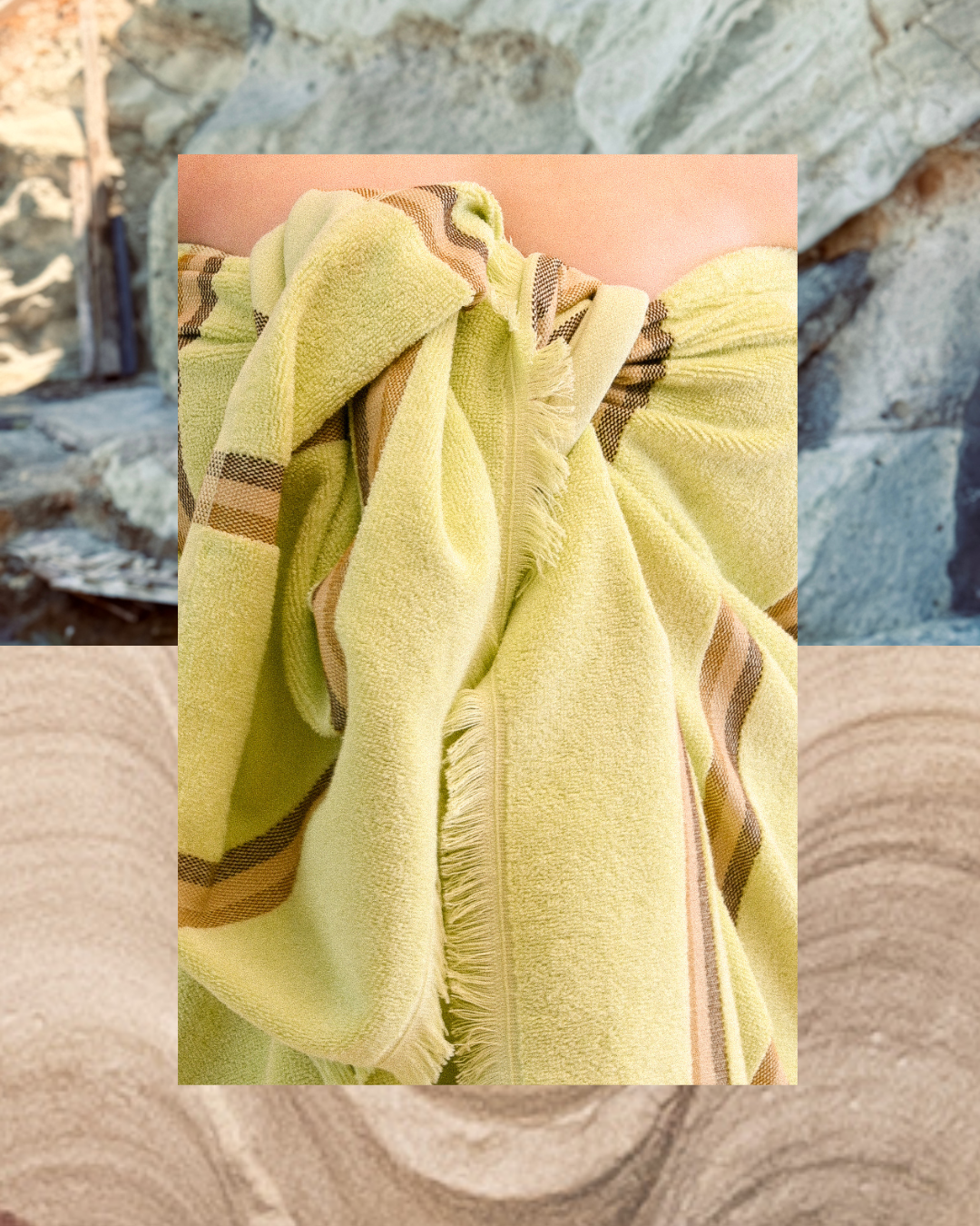 Close-up of citrus towel with brown stripes knotted on body on a textured background