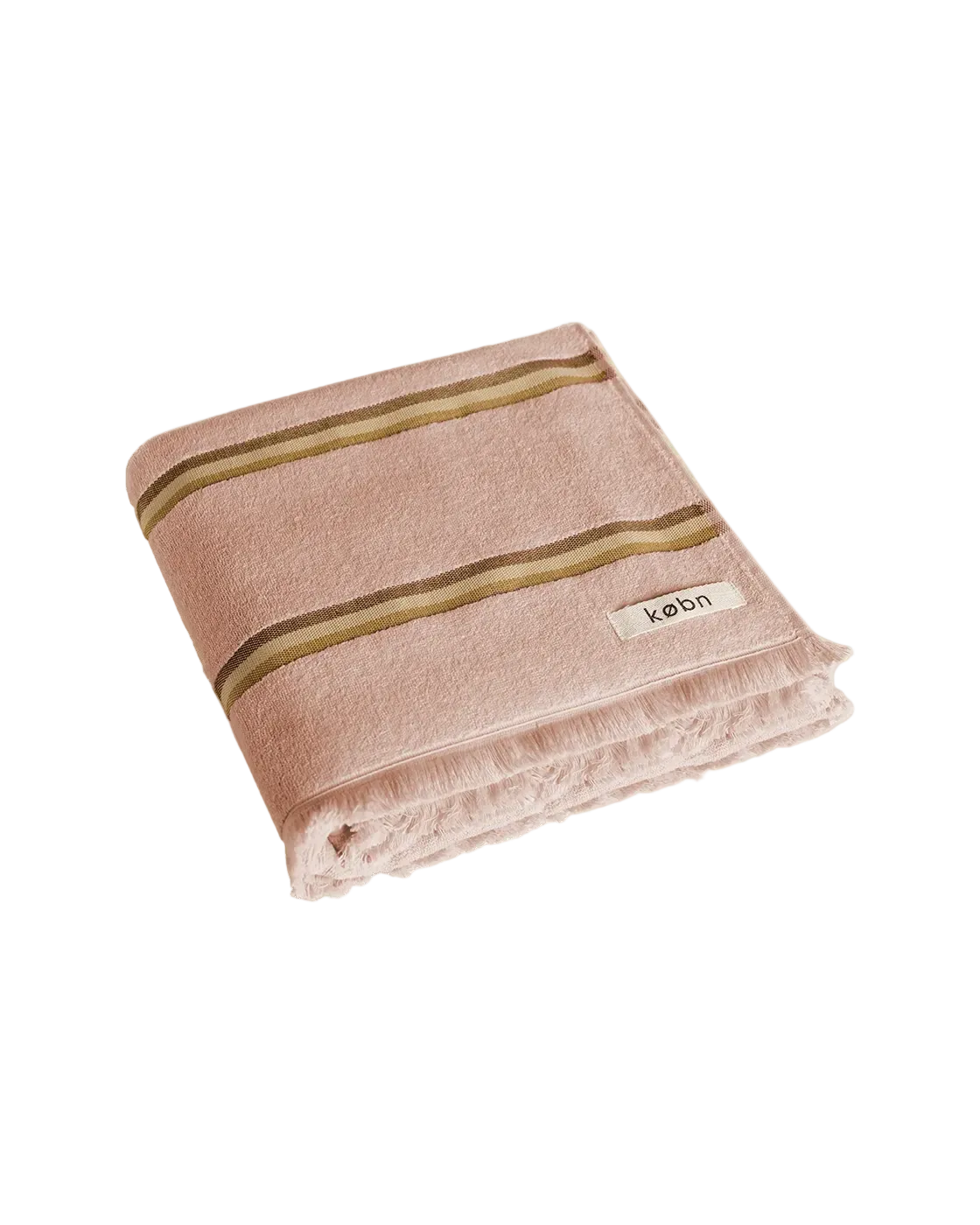 Folded pink towel with tonal brown stripes and fringing on the ends, on a white background