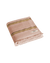 Folded pink towel with tonal brown stripes and fringing on the ends, on a white background